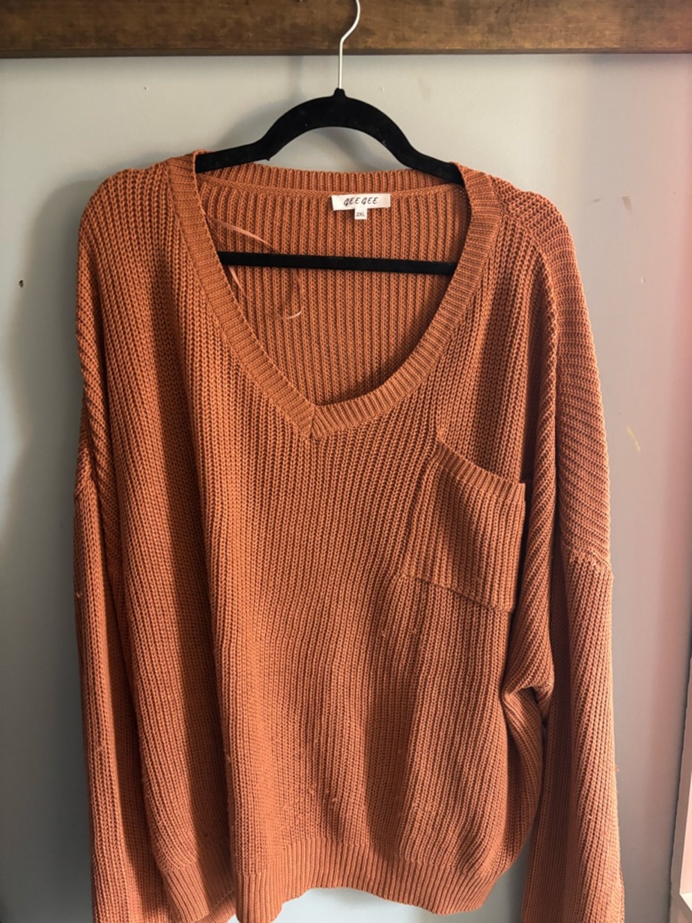 GEE GEE Boutique V-Neck Pocket Knit Sweater in Rust Orange